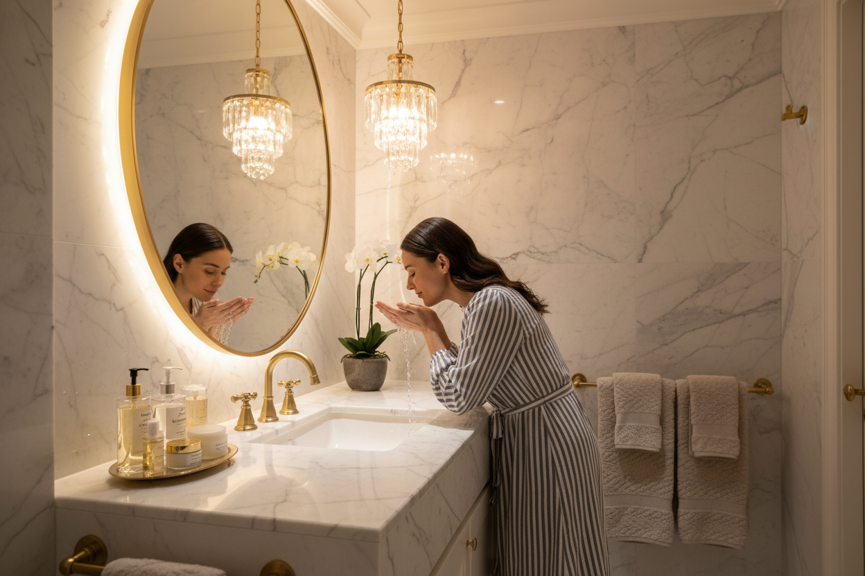 Woman applying skincare in a bathroom with marble walls and gold fixtures.